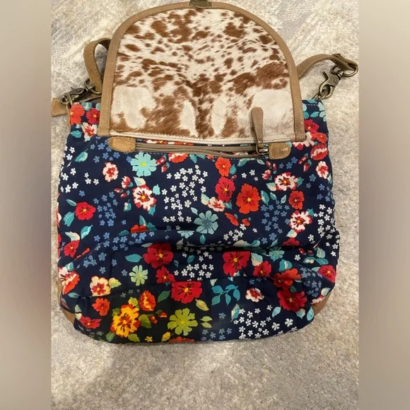 Myra Cowhide Floral Hair On Hide Leather Crossbody Messenger Bag Purse Canvas - Picture 2 of 11